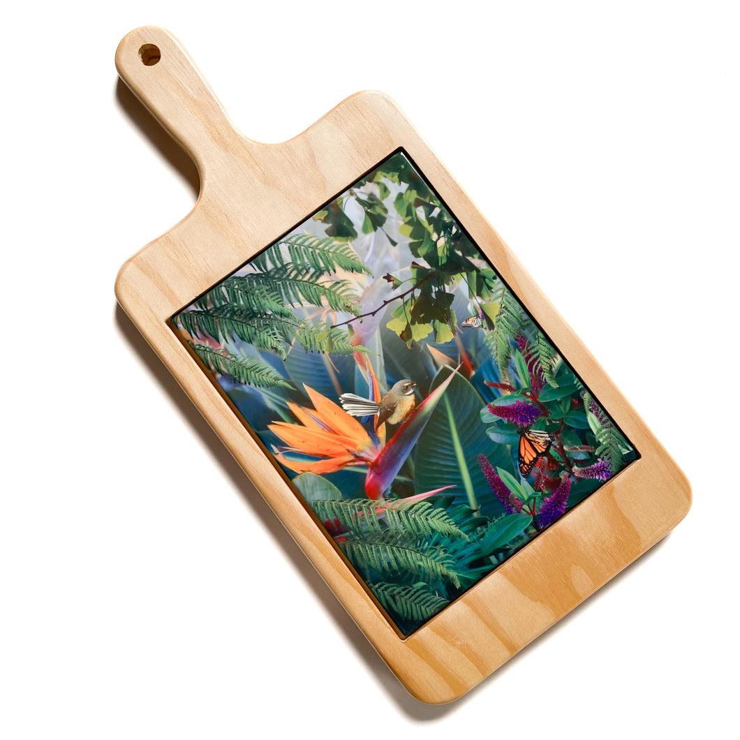 Serving Board with Ceramic Art Tile - Tropical Garden Paradise