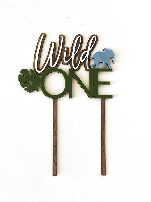 Wild One Cake Topper with Monstera Leaf and Elephant
