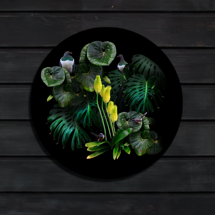A digital image of Ashleigh's artwork composed with native birds in a garden scene